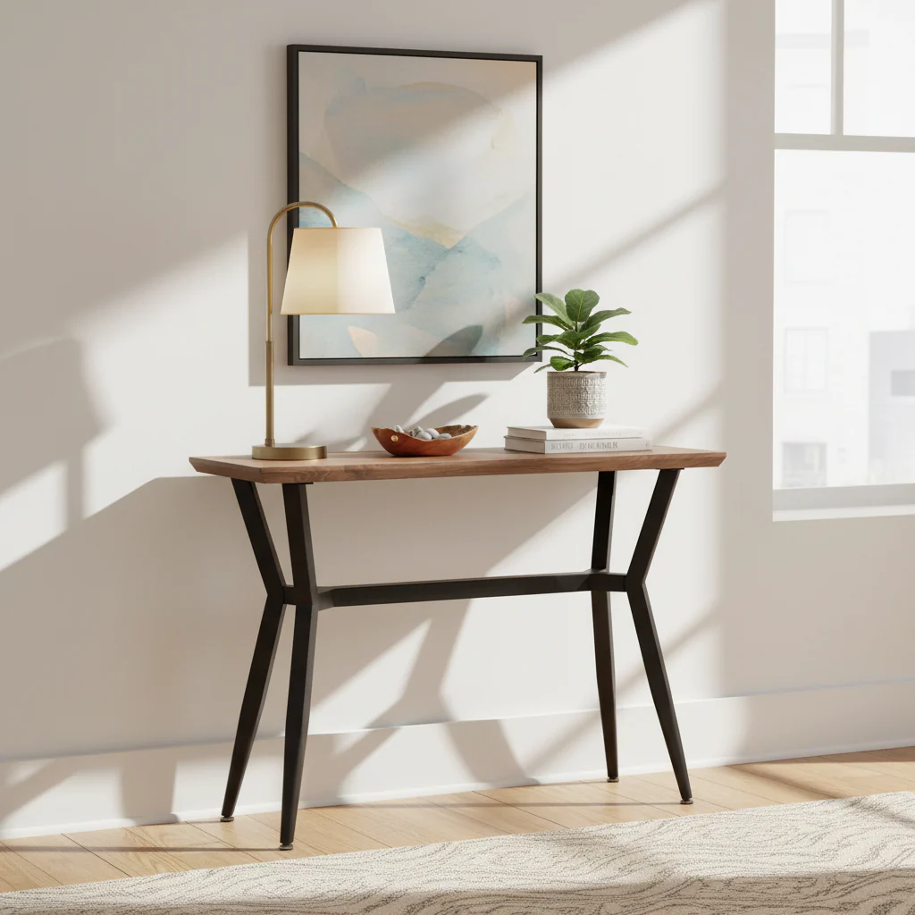 Mid-Century Wood Console Table with Black Metal Frame – Brown / Black