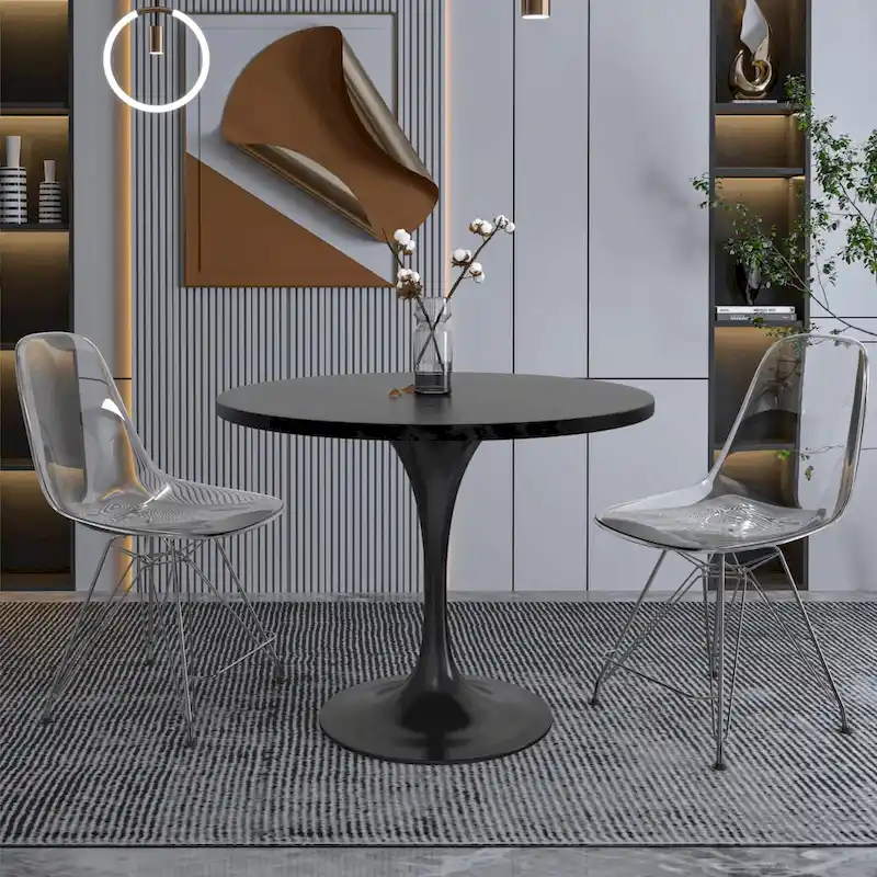 Verve 36 Round Dining Table with MDF Wood TableTop and Black Steel Base for Kitchen & Dining Room