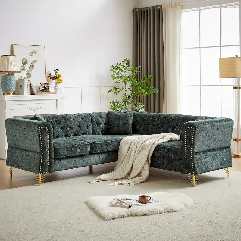 Green 81.5 Chenille L-Shaped 5-Seat Sofa