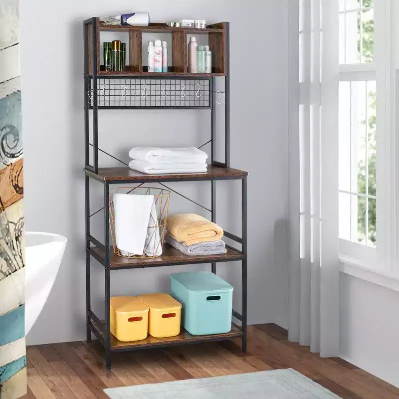Karl Home 5-Tier Kitchen Bakers Rack with 10 S Hooks and 3 Cubes Rustic Brown