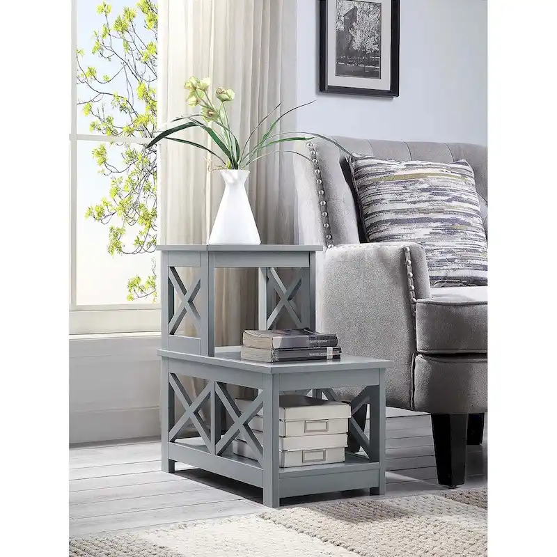 2-Tier L-Shaped End Table with X-Frame Design