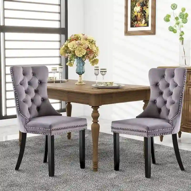 Velvet Dining Chairs, Tufted Solid Wood Armless Chairs Accent Chair with Nailhead Trim and Back Ring Pull