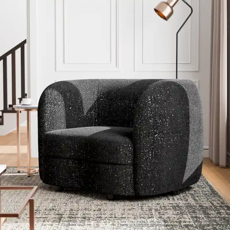 Modern Boucle Accent Chair with Curved Arms, Kidney Seat & Round Wood Legs