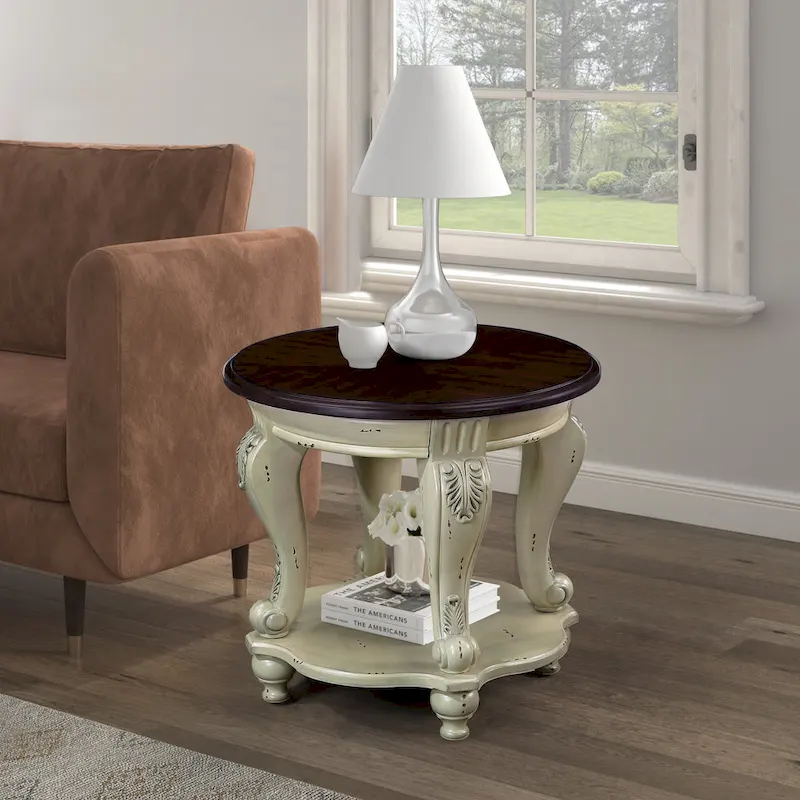 Round End Table with Lower Shelf and Cabriole Legs