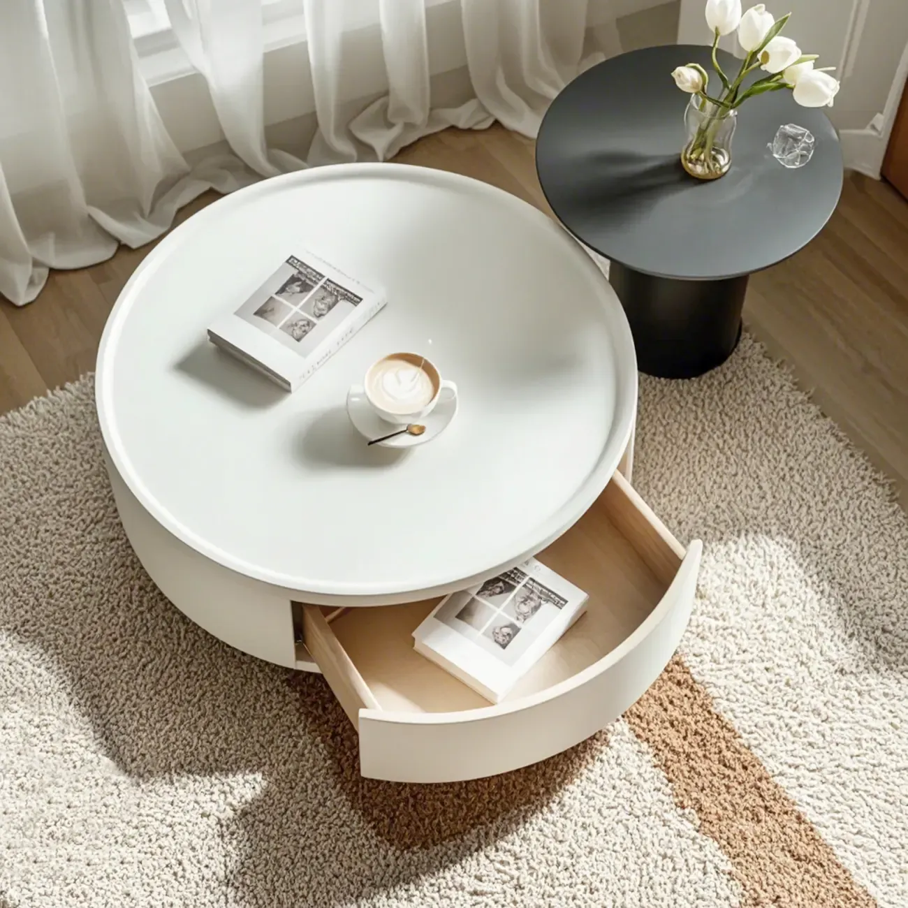 Modern Wood Black White Round Drawer Coffee Table