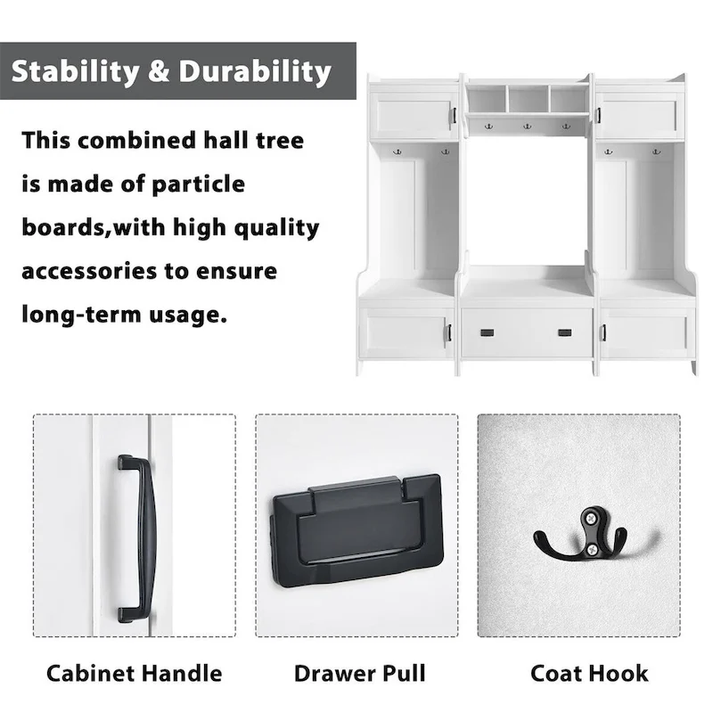 Merax 4-in-1 Multifunctional Entryway Bench Hall Tree with 7 Metal Black Hooks