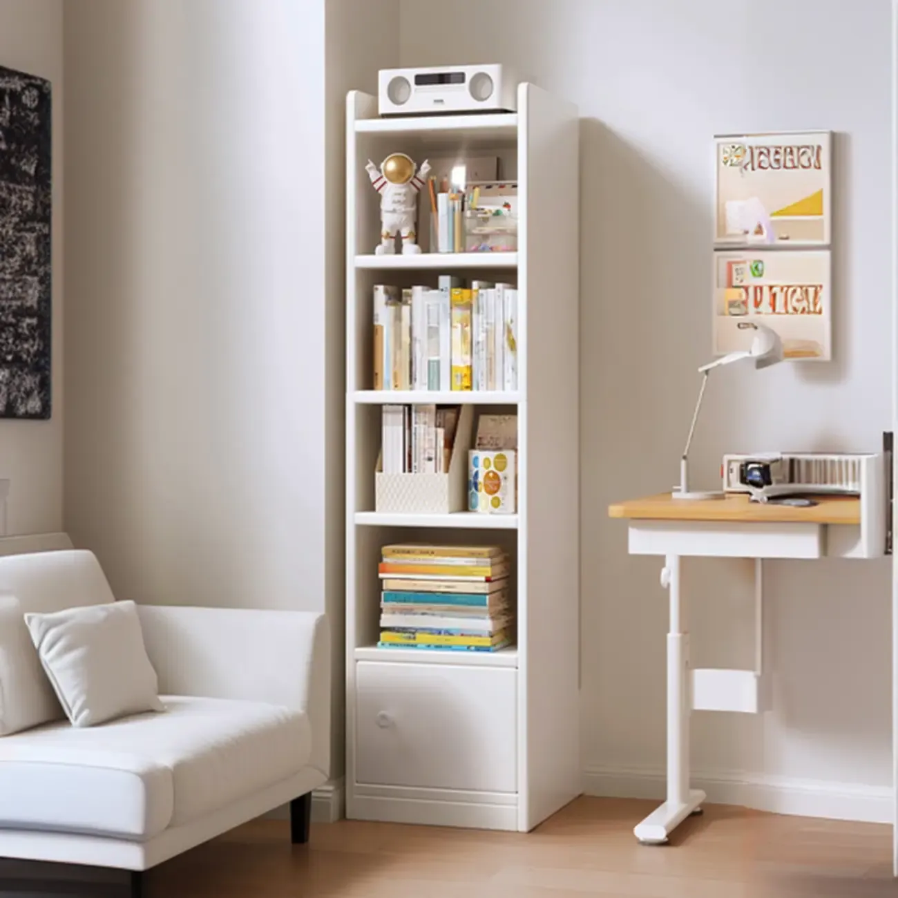 Narrow 6-Shelf White Wooden Bookcase with Cabinet