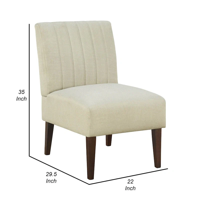 Paula 30 Inch Accent Chair, White Fabric, Channel Tufted Back, Brown Wood