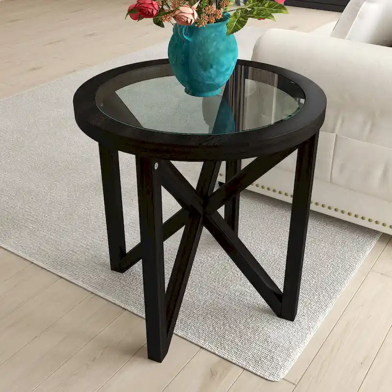 Glass Top Coffee Table with Wood Base