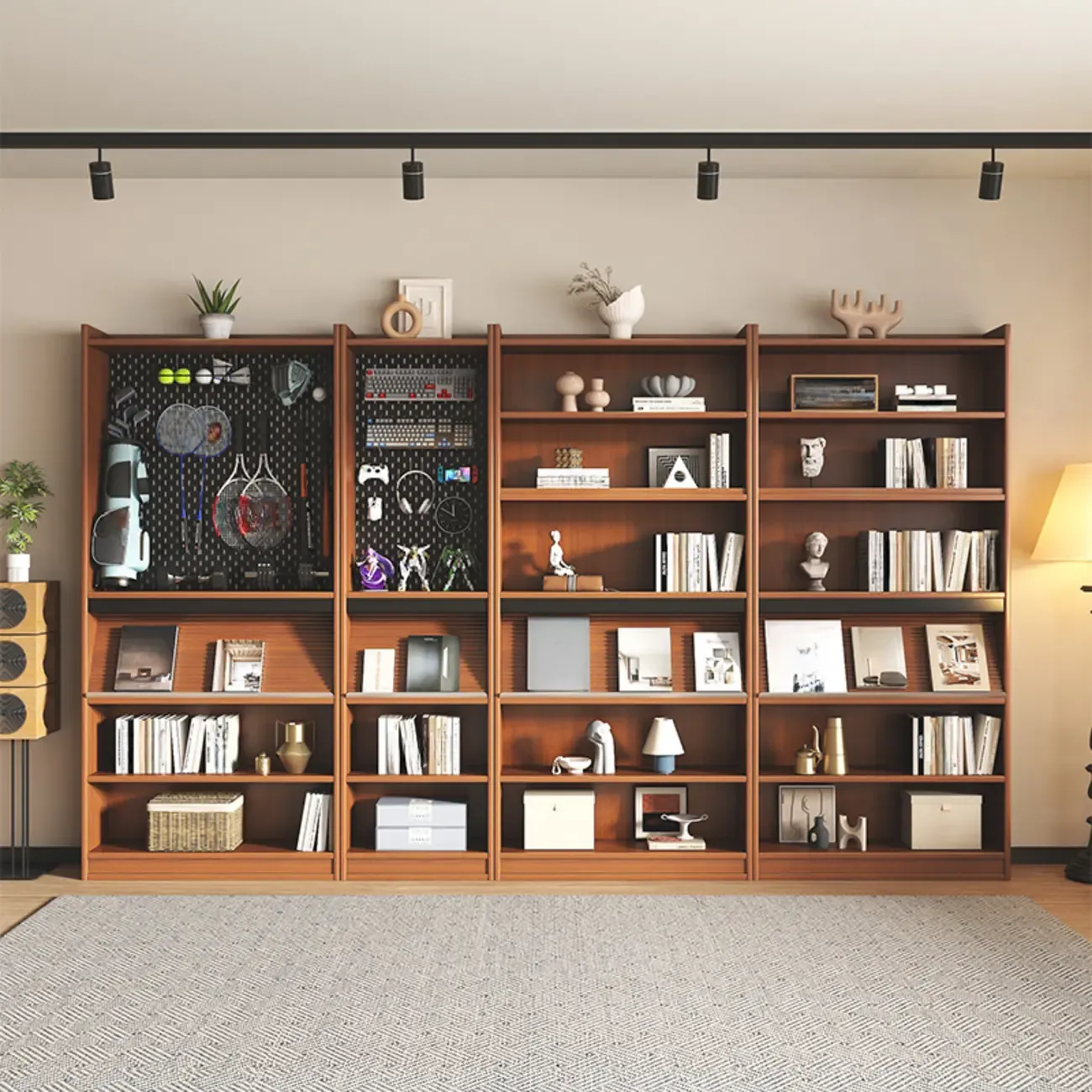Tall Scandinavian Vertical Walnut Closed Back Wood Bookcase