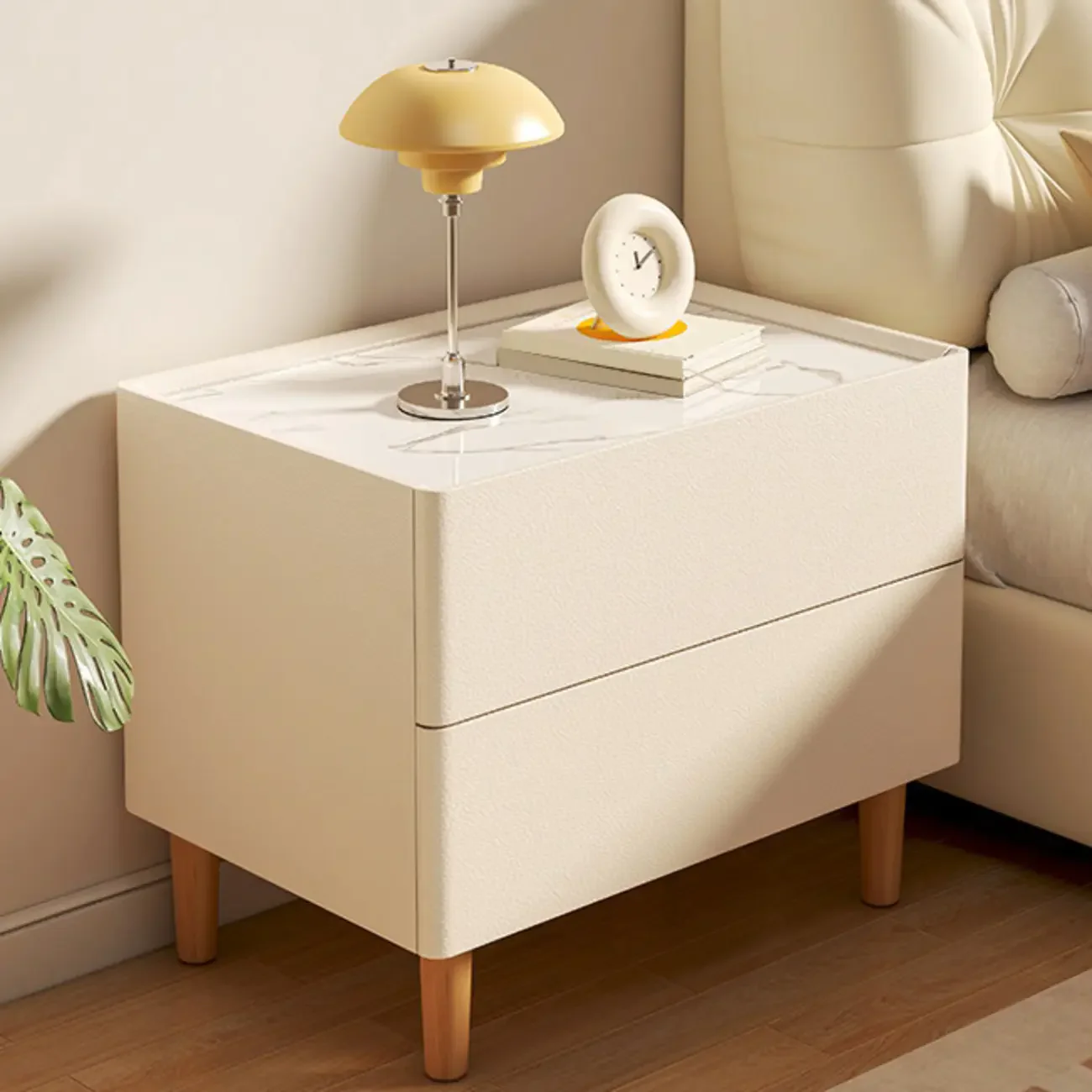 Modern White Sintered Stone Top Leather Drawers Nightstand