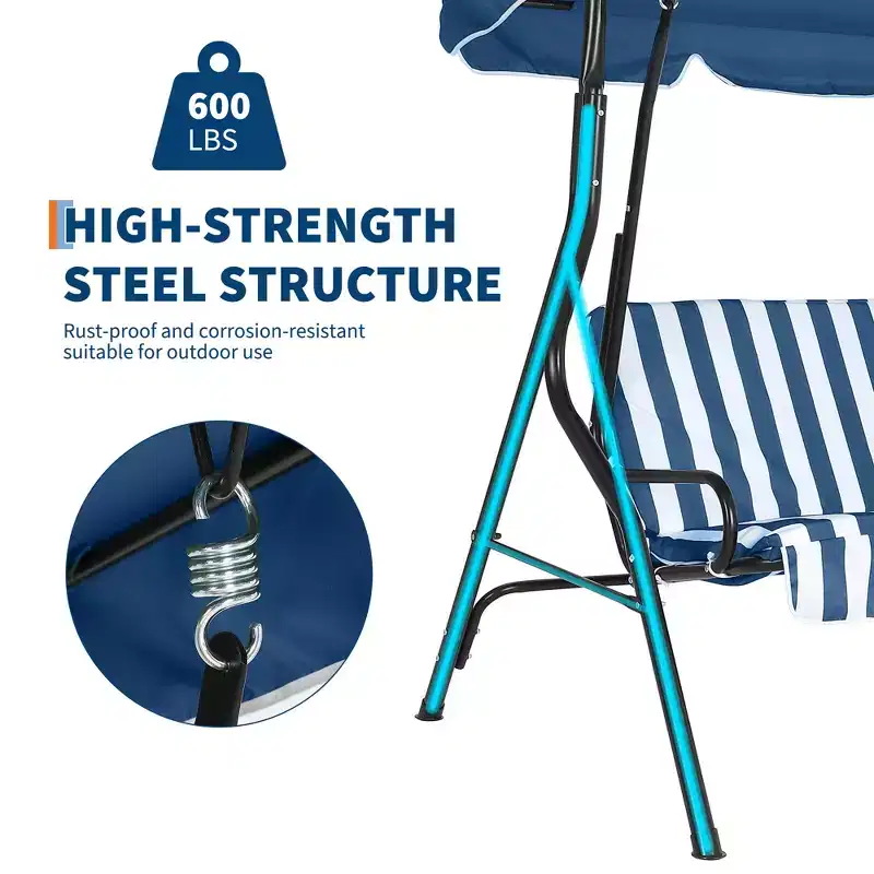 3 Seat Outdoor Porch Patio Swing with Stand 500Lbs Adjustable Canopy & Removable Cushion Glider Bench