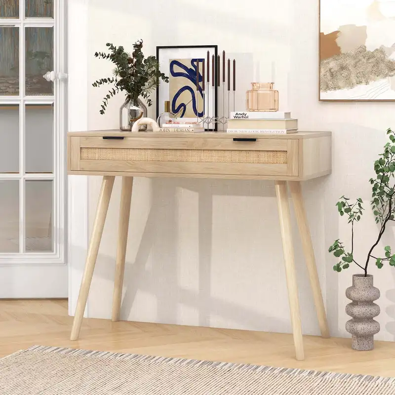 Costway Rattan Console Table with Pull-out Drawer Boho Style Entryway - See Details