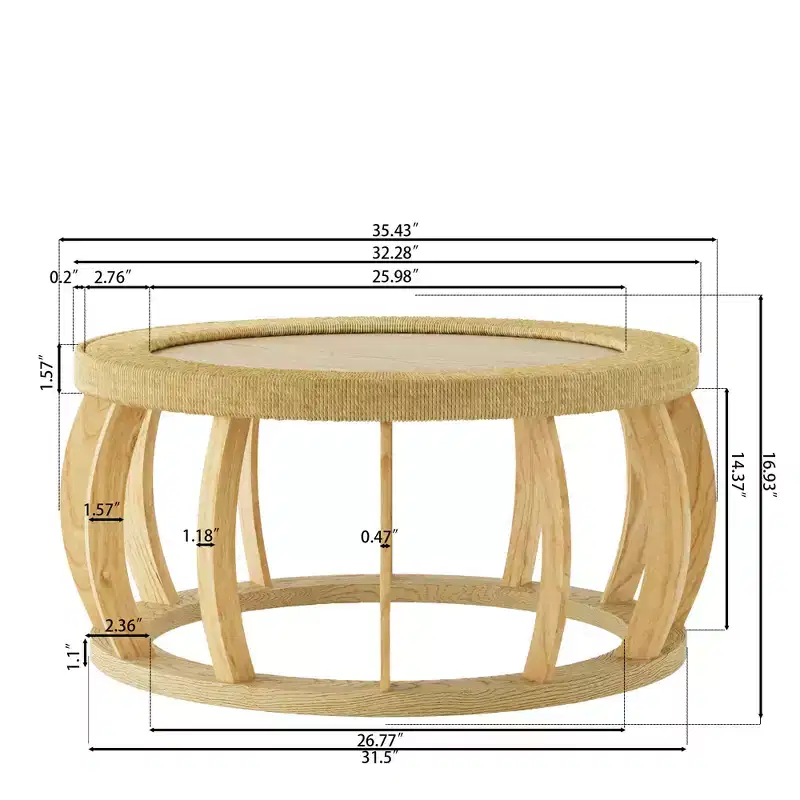 GDFStudio Olumide Bohemian Wooden Round Coffee Table with Curved Legs and Rattan Design