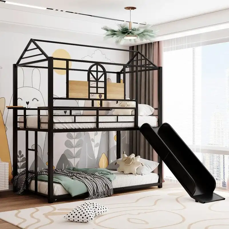 Red / Black Twin Over Twin Metal Bunk Bed with Slide – House Style, 2-Person