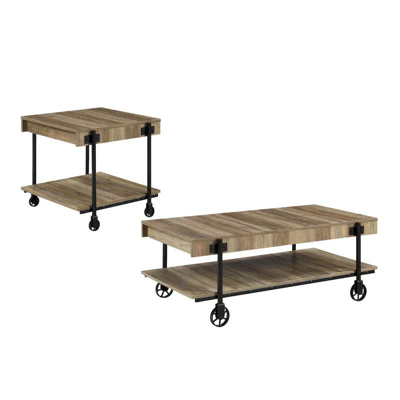 Black Farmhouse Steel 2-Piece Coffee Table Set with Wheels
