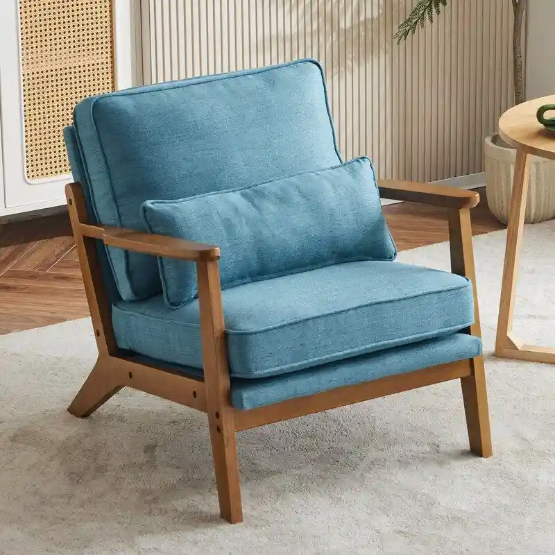 Upholstered Linen Blend Accent Chair with Wooden Legs and Pillow, Beige