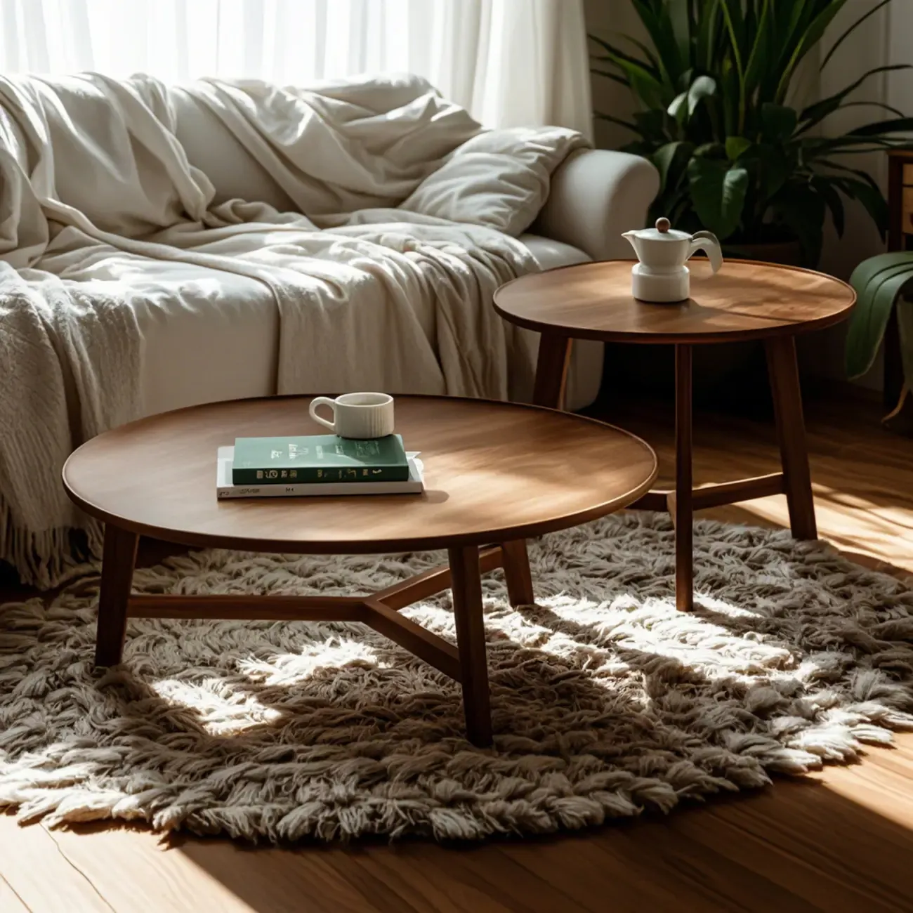 Mid-century Wooden Round Coffee Table Set with Cross Legs