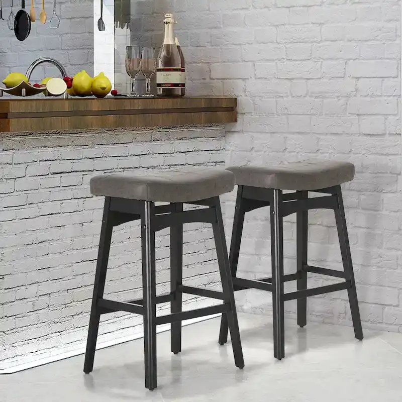 24 Inch Solid Wood Barstools with Linen / PU Leather Fabric Cushion, Set of 2
