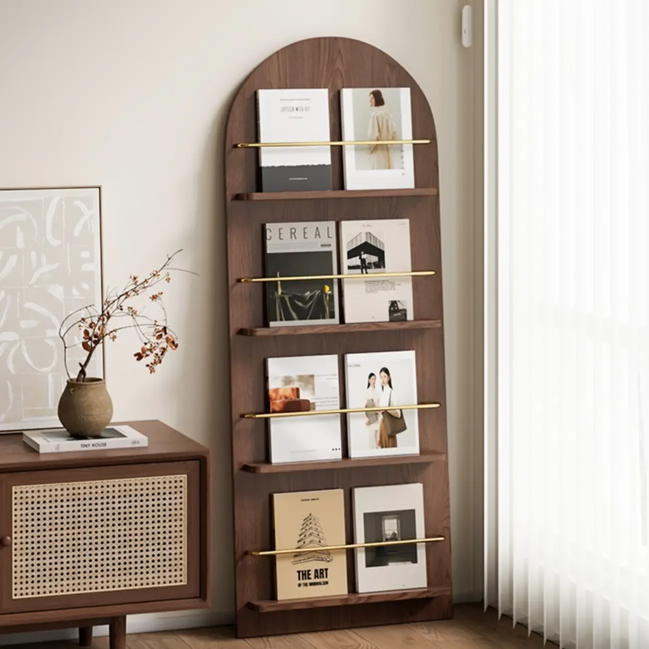 Unique Arched Closed Back Wood Wall Unit Bookcase