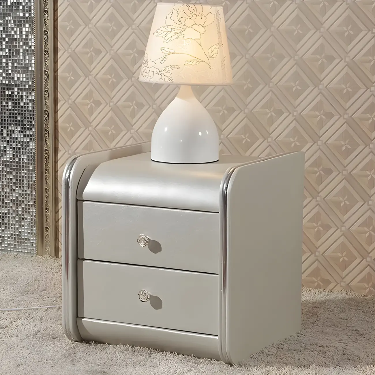 Luxurious Glossy Leather Wooden 2 Drawer Black Nightstand