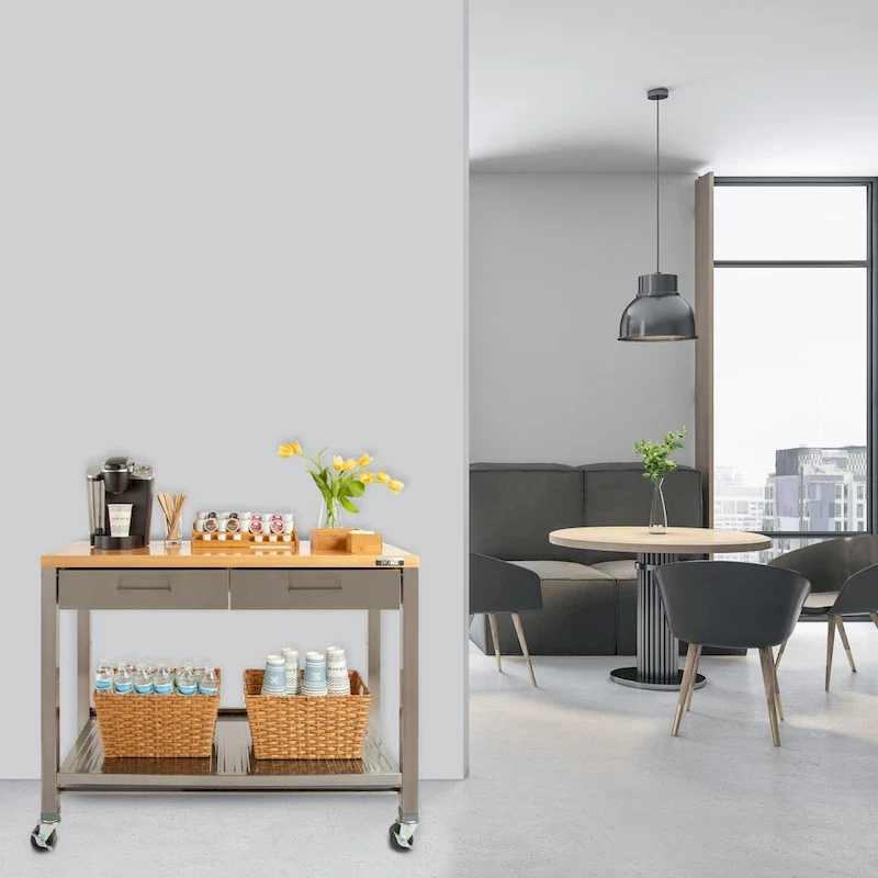 Stainless Steel & Wood Top 2-Drawer Portable Kitchen Cart Island, Brown/Silver, 1-Person