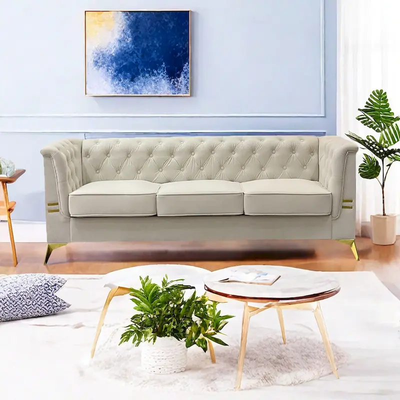 82.7 Velvet 3-Seater Sofa with Gold Metal Legs