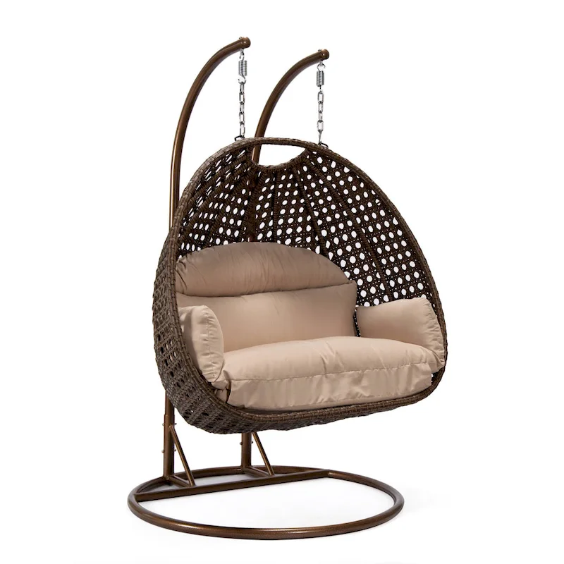 LeisureMod Mendoza Dark Brown 2 Seater Wicker Patio Hanging Double Swing Chair for Patio Porch Backyard Garden - 53