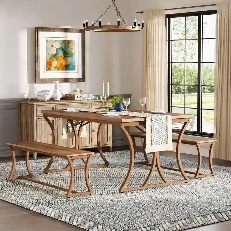 51 Farmhouse Brown Dining Table and Bench