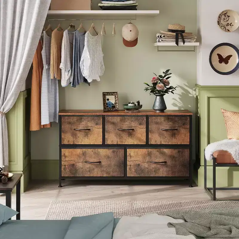 5-Drawer Fabric Dresser with Metal Frame, 39.4 Wide Storage Organizer Unit for Bedroom, Closet, Living Room, Hallway
