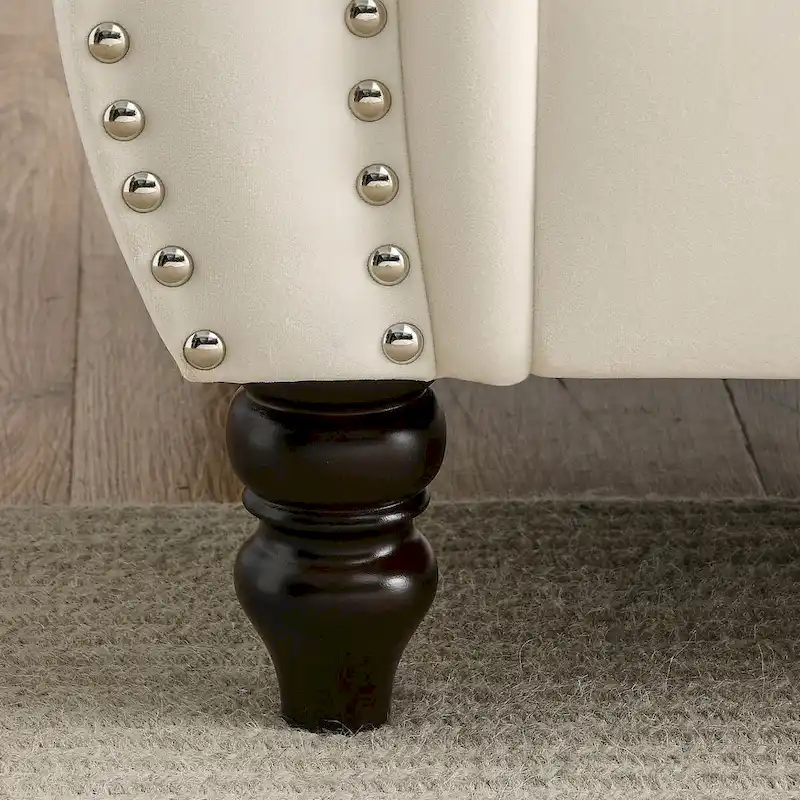 Beige Velvet Chesterfield 3 Seater Sofa, Rolled Arms, Nailhead Trim