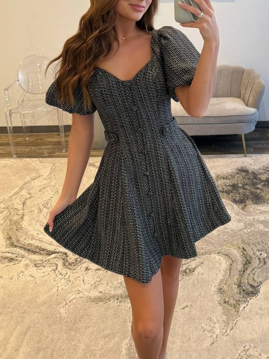 Black - A Line V Neck Textured Tweed Homecoming Dresses with Puffed Sleeves