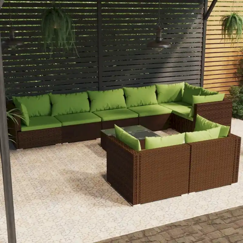 vidaXL Patio Lounge Set with Cushions Brown Poly Rattan - 27.6  x 27.6  x 24  - 27.6  x 27.6  x 24