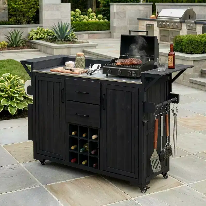 Whisen Outdoor Wood Grill Cart & Kitchen Rolling Island Carts, Patio BBQ Kitchen Serving Carts with 2 Drawers, Steel Top, Spice Rack