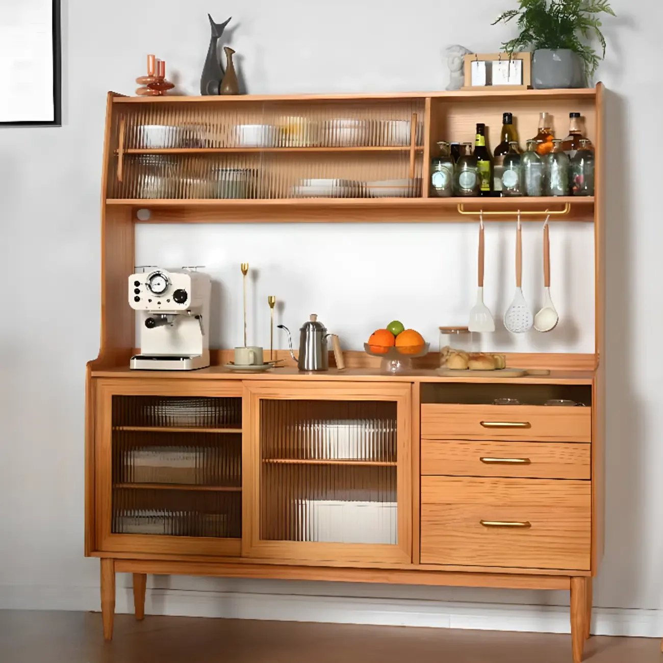 Natural Wooden 3-Drawer Sliding Door Buffet Cabinet
