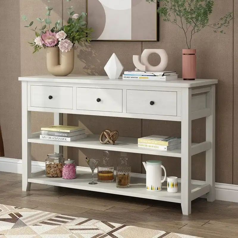 Console Table, Washed Brown/Beige, 4 Drawers & 2 Shelves, MDF, 47