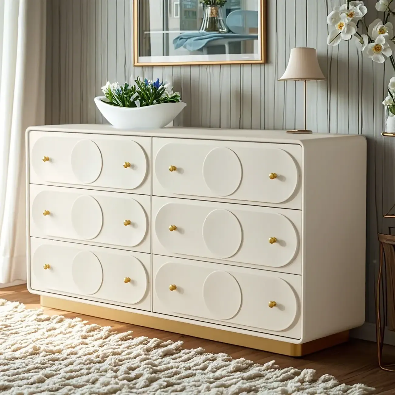 Glam White Wooden Dresser with Drawers for Bedroom Storage