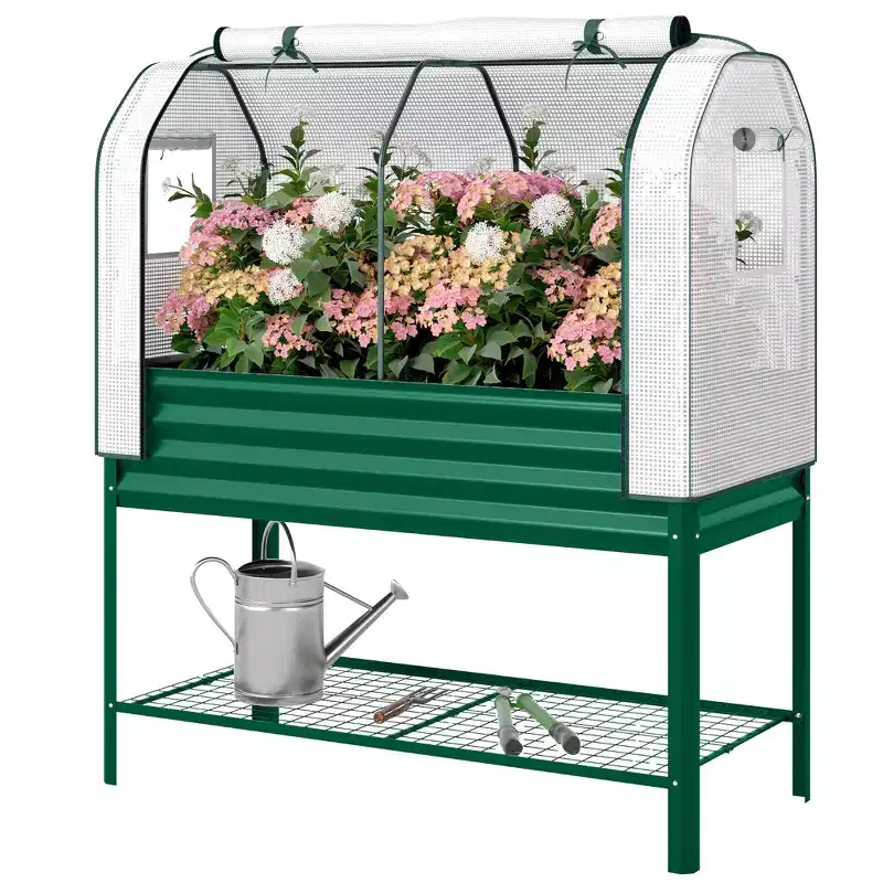 Outsunny Galvanised Raised Garden Bed with Greenhouse Cover, Metal Elevated Garden Bed with Bed Liner and Bottom Shelf