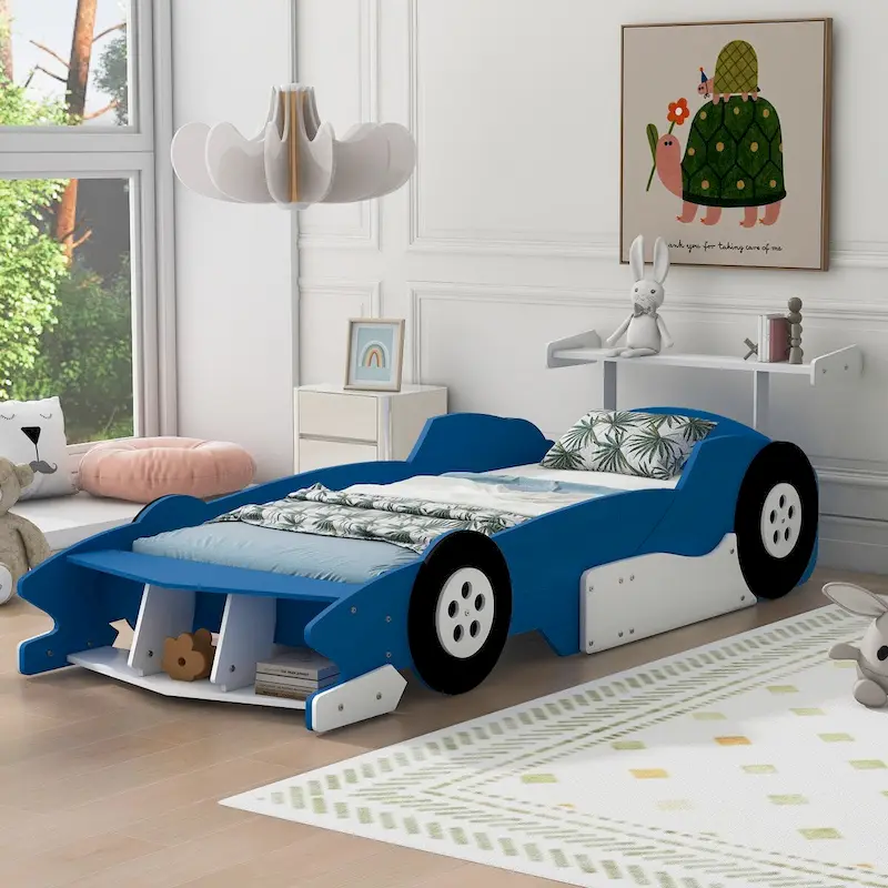 Twin Size Race Car-Shaped Platform Bed, Blue/Black/Red, 1-Person