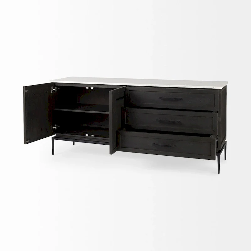 Dark Brown Wood w/ White Marble Top and Black Metal Base Sideboard - 71.0L x 18.5W x 32.0H