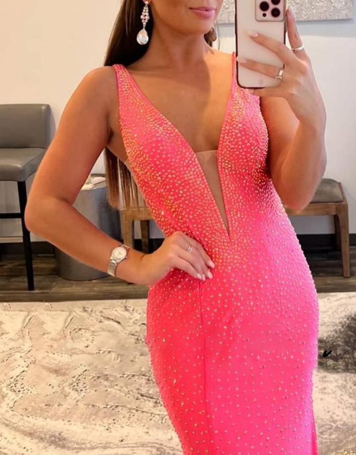 Mermaid V-neck Beaded Mermaid Prom Dress