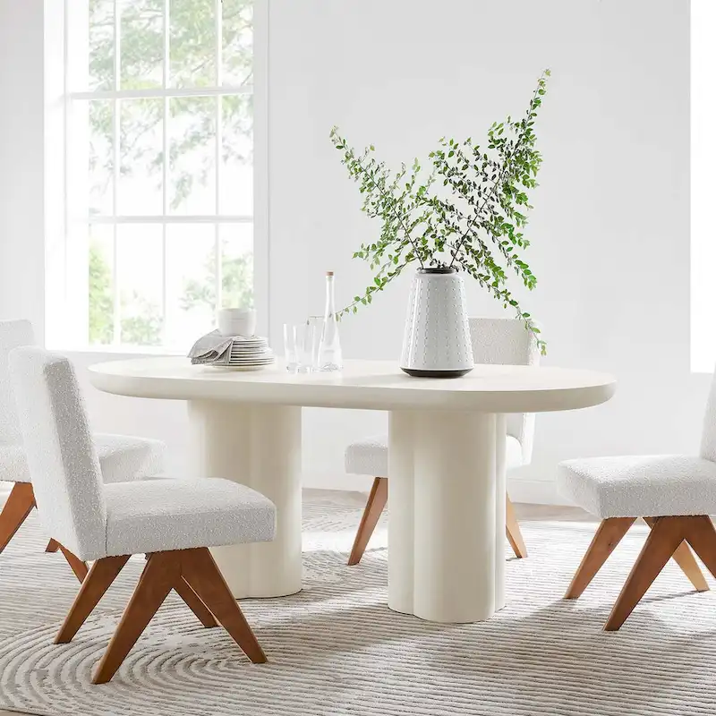 72 Oval Dining Table with Concrete-Effect Finish and Double Pedestal Base
