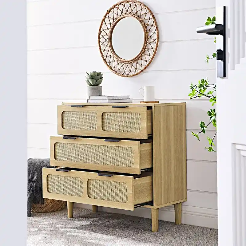 Grondin Mid-Century Modern Boho Style 3 Rattan Drawers Chest with MDF Frame and Solid Wood Legs, Chest of Drawers