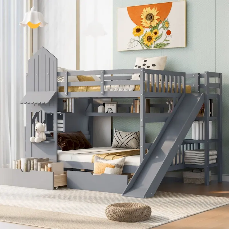 Grey/Blue Castle-Style Full-Over-Full Bunk Bed with Slide, 2 Drawers & 3 Shelves – Sleeps 2
