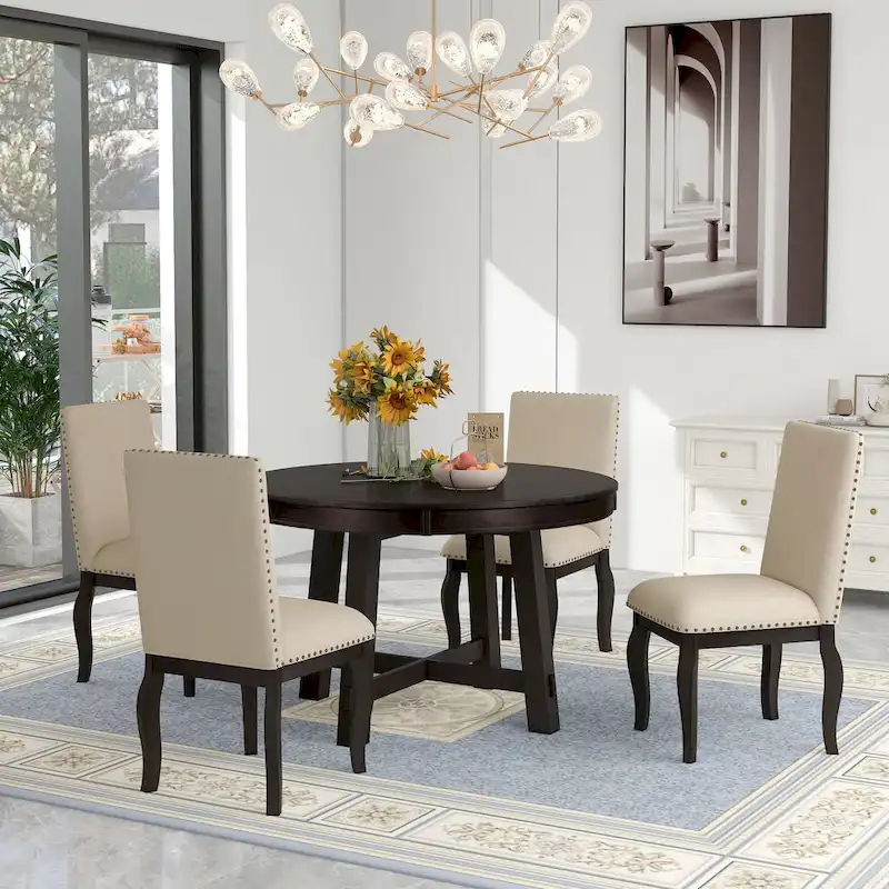 5-Piece Extendable Dining Table Set with Upholstered Chairs