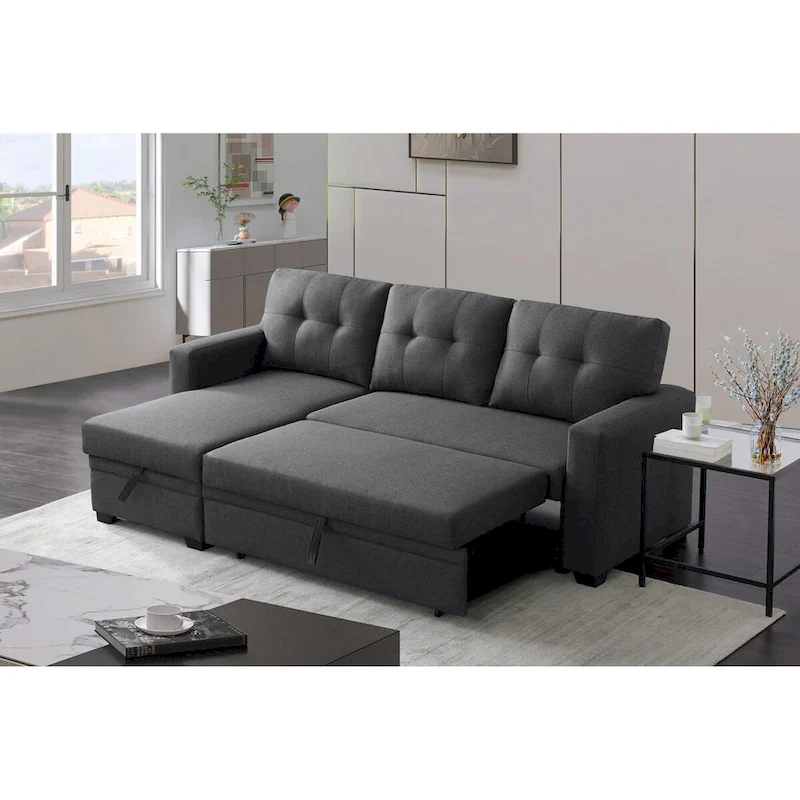 Upholstered Pull Out Sectional Sofa with Chaise - 82W x 53D x 34.5H