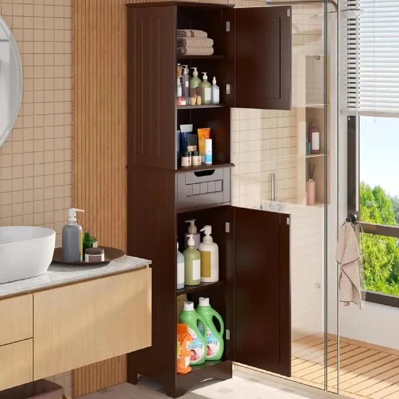 67 Tall 5-Tier Narrow Solid Wood Bathroom Linen Cabinet