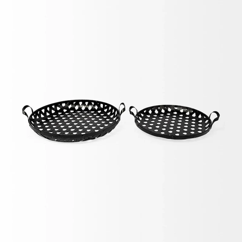 Lito Black Metal Round Serving Trays (Set of 2) - 26.8L x 23.8W x 5.5H