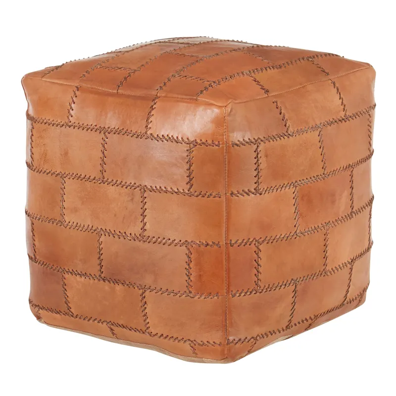 Brown / Grey / Espresso / Black Patchwork Leather Pouf Ottoman – Industrial Style, 1 Person Use