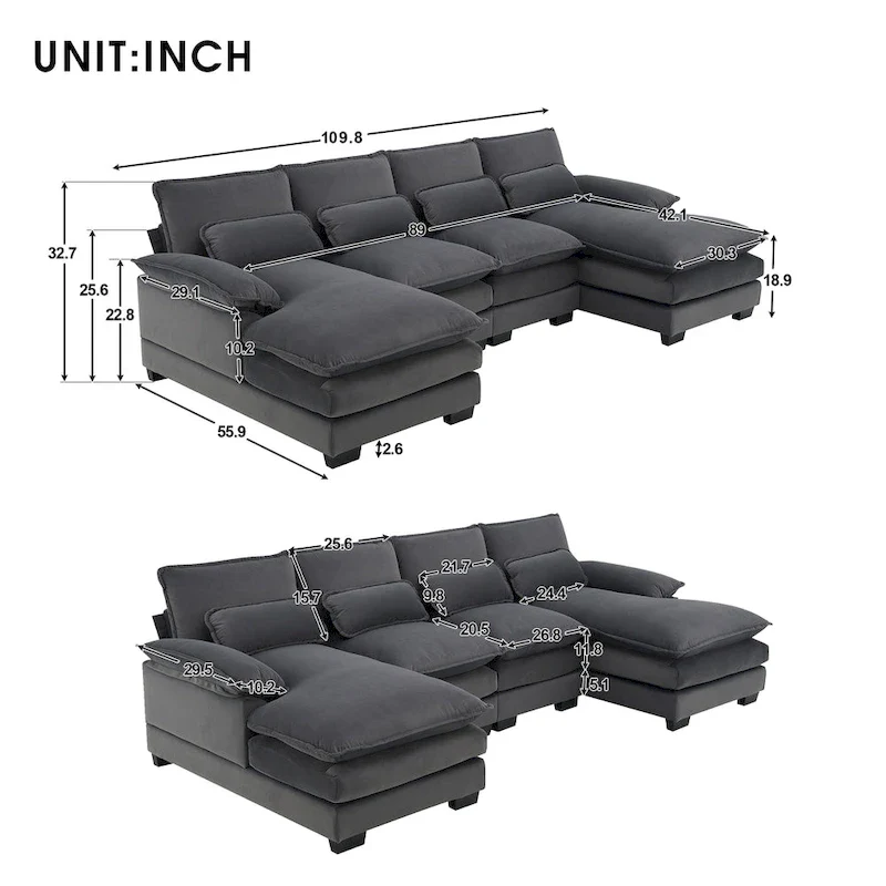 Modern Upholstered 6-Seat Modular U-Shaped Sleeper Sectional Sofa